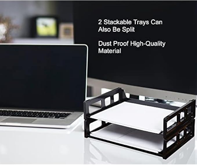 Stackable Desk Tray Organizer Black - Plastic Paper Tray for Letter Size Documents, Desktop File Organizer with 2 Sections, Home, Office, School Desk Paper Organizer - Pack of 2