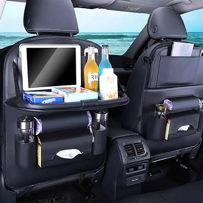 Luxury PU Leather Car Backseat Organizer with Foldable Table – Multi-Functional Car Seat Storage. Waterproof Travel Back Seat Organizer with Cup Holders, Tissue Box & Tablet Pocket (Black)