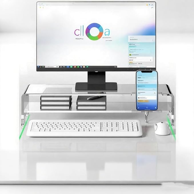 Larger Acrylic Monitor Stand - 20 inch 2 Tier Riser for iMac, PC, Desktop, Laptop, TV with Storage Shelf, Home Office Desk Organizer (20in with phone holder)