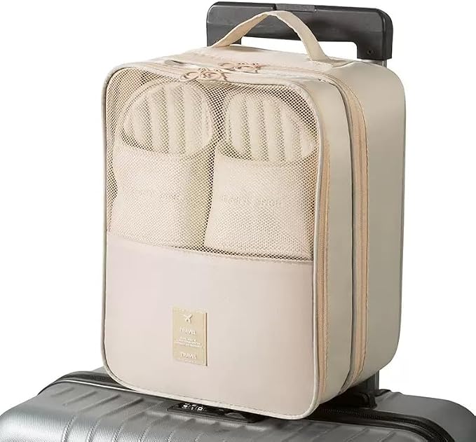 Waterproof Nylon Shoe Bag for Suitcase, Double Layer Portable Shoe Pouch for 3 Shoes, Travel Shoe Storage Bag with Zipper for Men and Women (Beige)
