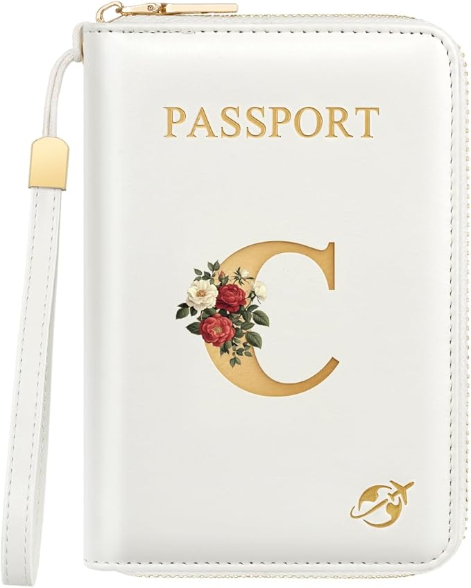 Passport Holder for Travel Personalized Passport Holder Initial Letter Rose Flower RFID Blocking Travel Wallets Credit Cards Holder for Women Men, White C