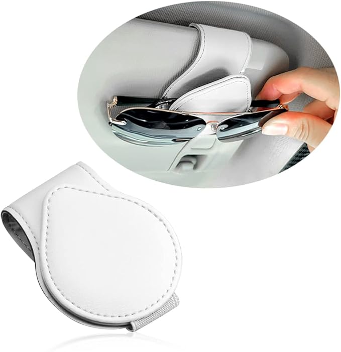 OFBAND Magnetic Sunglass Holder for Car Visor,PU Leather Car Sunglass Holder Organizes Glasses Tickets Cards & Keeps Car Tidy,Universal Car Accessories Interior (White)