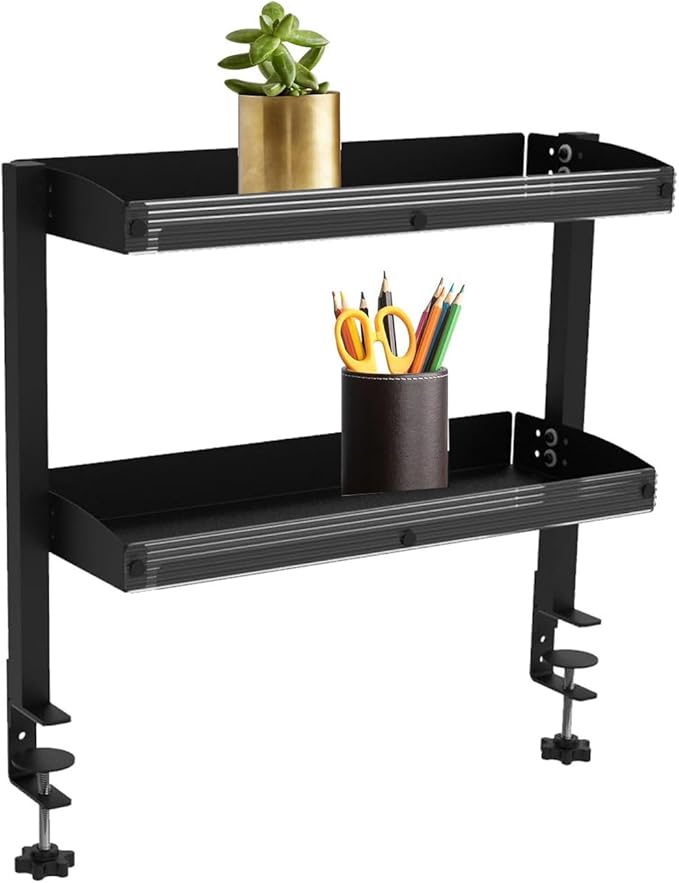Clip-on Desktop or Under-Desk 2-Tier Shelving Unit, Clamp-on Desk Organizer Shelf with Adjustable Storage Tray Computer Table Organizer for Office Desk