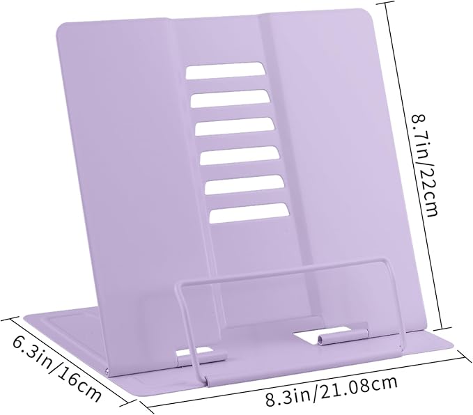 Honagu Book Stand Metal Desk Book Holder, Book Holders for Reading Hands Free, Adjustable Cookbook Documents Holder, Portable Bookstand for Music Books, Textbook, Recipe, Tablet, Ipad (Light Purple)