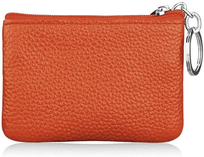 Hibate Orange Small Leather Coin Purse Change Pouch for Women Men Kids with Zip Key Ring