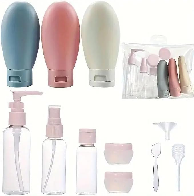Refillable Travel Bottles Set for Toiletries, Leak Resistant Silicone & Plastic Empty Containers for Shampoo Lotion Conditioner, Carry On Size with Clear Zip Pouch