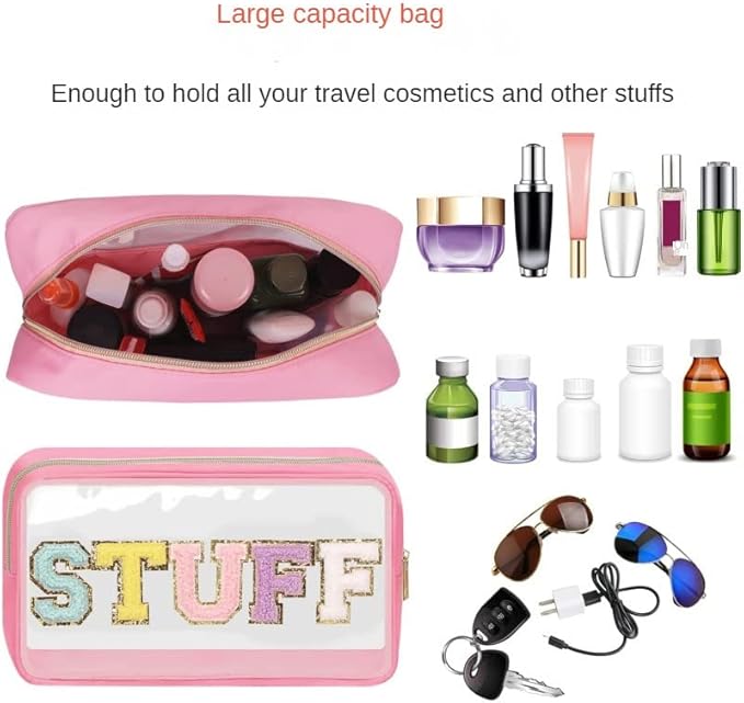 Large Clear Chenille Letters Makeup Bag for Travel,Beach, Clear Glitter Preppy Patch Stuff Cosmetic Bag,Clear Toiletry Stuff Pouch for Women for Valentines Day Gifts (10.62*6.29*3.54 inch,Pink)
