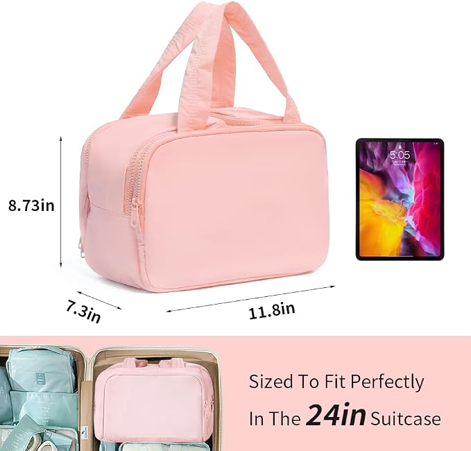 Puffer Travel Toiletry Bag – Large Capacity 11.8”L Makeup Organizer, 4 Compartments, Waterproof Wet/Dry Separation, Ultra-Light Taslan Fabric – Ideal for Business Trips, Gym, Family Vacation, Camping