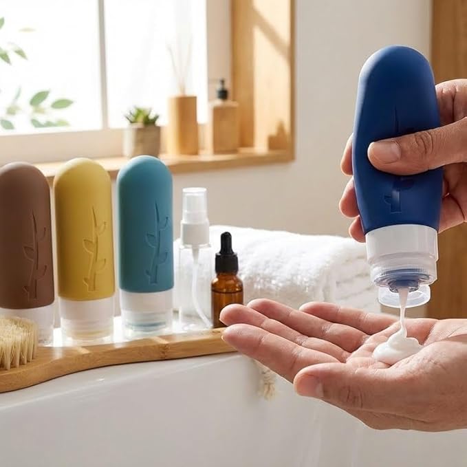 DEPOZA Travel Bottles Kit (16 Pack) - TSA Approved, Leak Proof Silicone Squeezable Containers for Toiletries. Complete Set with Jars, Sprayers & Bag (Dark blue)