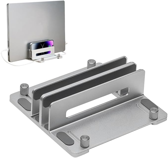 HomeBeyond Aluminum Vertical Laptop Stand for Desk, Adjustable Dual Slot Holder(up to 1.73 inches), Compatible with MacBook Pro, MacBook Air and Other Laptop - Save Space & Improve Airflow, Silver