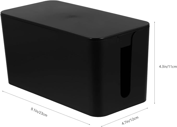 Cable Management Box Cord Organizer for Home Office, Compact Black Plastic Power Strip Cord Hides Box with Lid for Desk and Electronics Storage