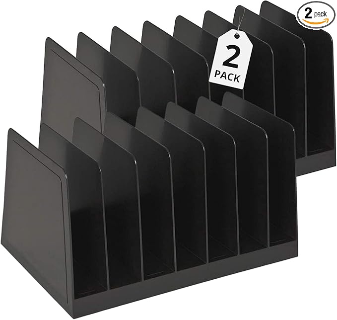 1InTheOffice Desktop File Organizer Vertical, Mail Organizer, 7 Compartments Office File Sorter, 4-3/4" H x 8-3/4" W x 5-1/2" D, Plastic, Black 2 Pack