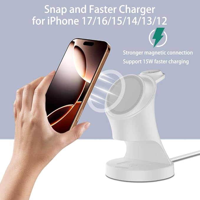 3 in 1 Wireless Charging Station for Apple Devices,Magsafe Charger for IPhone17 16 15 14 13 12 Wireless Charger Station for AirPods 2/3/4/Pro iWatch Ultra/11/10/9/8/7/SE/6/5/4/3/2 (Ivory White)