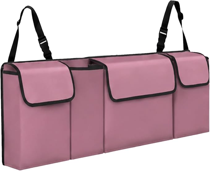 Car Trunk Organizer – Backseat Hanging Large Storage Bag with Adjustable Straps, Waterproof Collapsible Cargo Organizer with 4 Pockets, Space-Saving Trunk Storage for SUV Truck MPV (Pink)