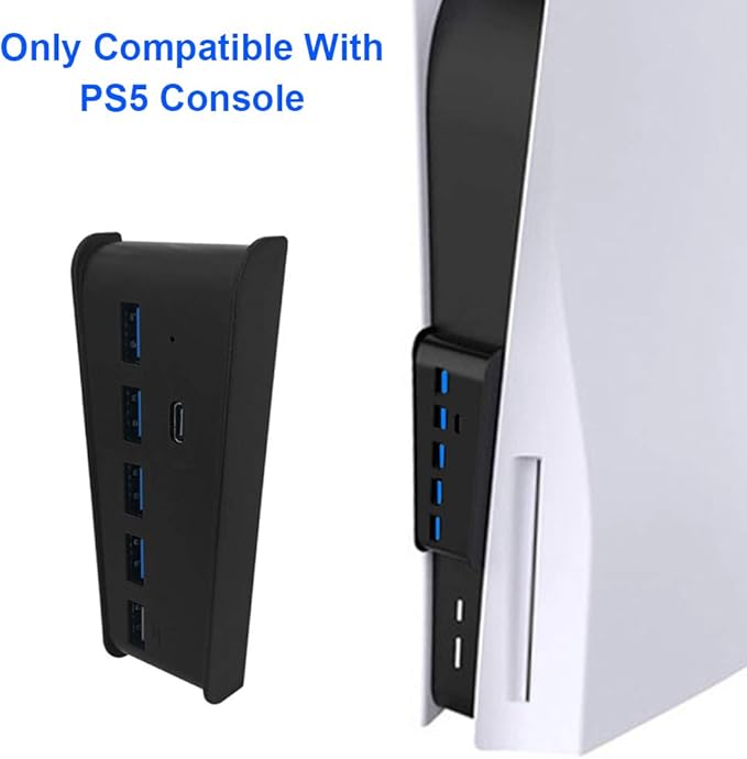 USB Port Hub for PS5, 5 Port USB Extender High-Speed Transmission Expansion Adapter Converter Splitter with 4 USB 2.0 Port+1 USB Charging Port+1 Type C 3.1 Port for PlayStation 5 Gaming Console-Black