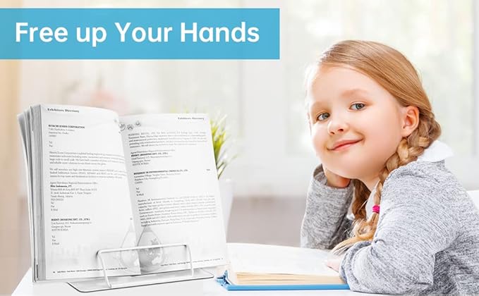 Honagu Book Stand Metal Desk Book Holder, Book Holders for Reading Hands Free, Adjustable Cookbook Documents Holder, Portable Bookstand for Music Books, Textbook, Recipe, Tablet, Ipad (White)