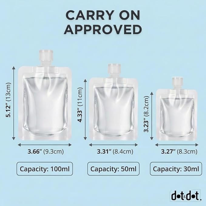 Travel Pouches for Toiletries, 13 Pack TSA Approved Refillable Travel Liquid Pouches, Flat Travel Bottles for Toiletries, Reusable 3oz Portable Containers with Funnel, Labels & Clear Carry On Bag