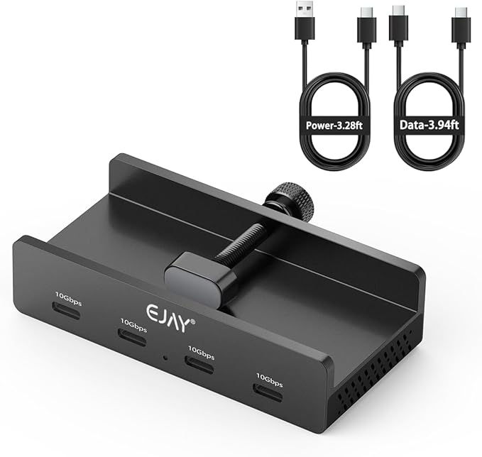 10Gbps USB C Hub - EJAY 4Ports Aluminum USB 3.2 Docking Hub Clamp Design for Desk/Computor with Extra Power Supply Port and 47inches Long Data Cable&39inches Power Cable(Black)