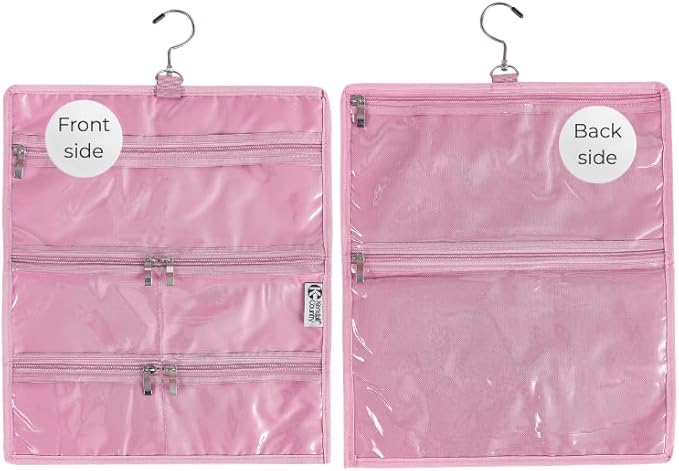 On-The-Go Organizer, 7 Clear Vinyl Pockets, Hanging Travel Case for Makeup and Accessories, 13.5 x 16 inches (Cotton Candy, Small)