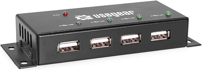 USBGear 4 Port USB 2.0 Mini Metal Hub with Mounting Flanges, 480Mbps Data Transfer, LED Port Indicators, Includes Power Adapter