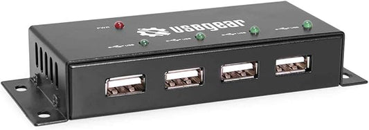 USBGear 4 Port USB 2.0 Mini Metal Hub with Mounting Flanges, 480Mbps Data Transfer, LED Port Indicators, Includes Power Adapter