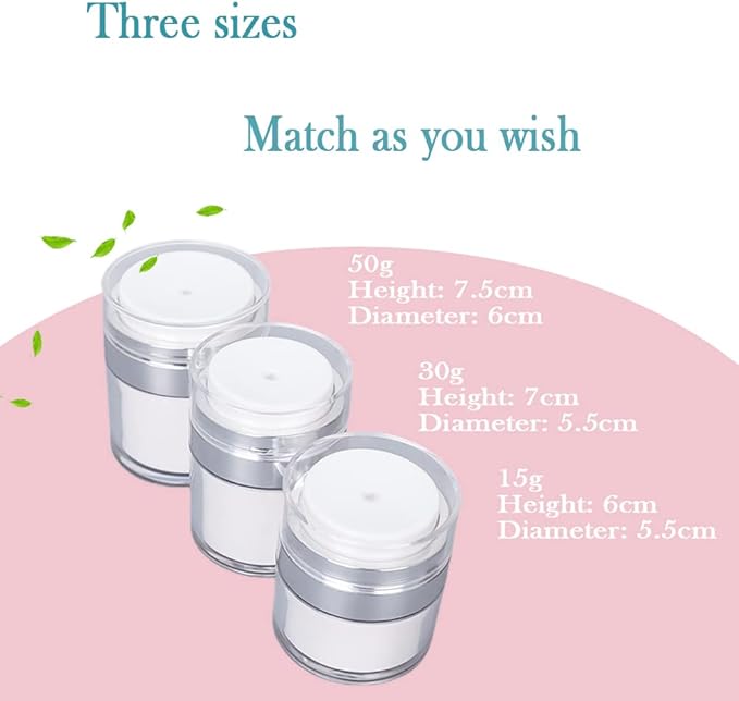 Airless Pump Jar - Refillable Travel Size Containers for Toiletries, Leak Proof Vacuum Lotion Dispenser for Moisturizer, Cream & Skincare, TSA Approved Travel Bottles Set (15/30/50ml)
