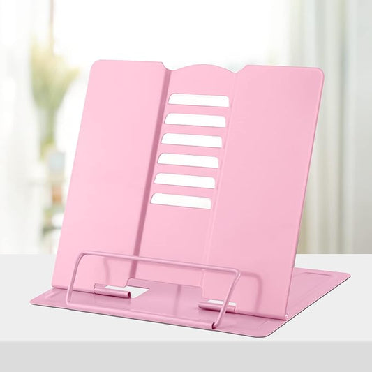Honagu Book Stand Metal Desk Book Holder, Book Holders for Reading Hands Free, Adjustable Cookbook Documents Holder, Portable Bookstand for Music Books, Textbook, Recipe, Tablet, Ipad (Light Pink)