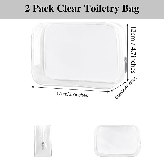 PLULON 2 Pack Travel Toiletry Bag, TSA Approved Toiletry Bag Clear Makeup Bag Quart Size Portable Cosmetic Bags Carry on Travel Accessories Bag for Women Men - Clear