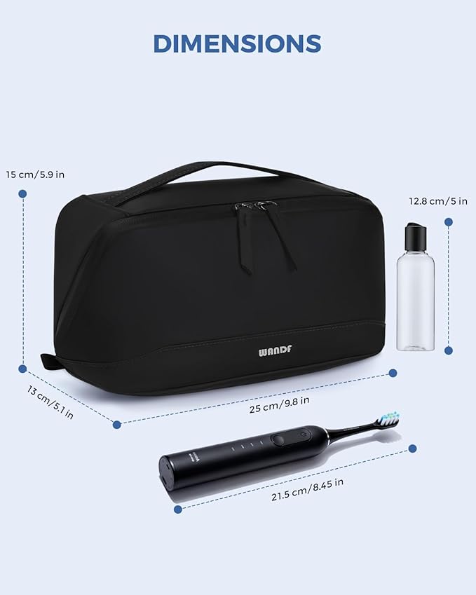 WANDF Toiletry Bag for Men, PU Leather Travel Organizer with Detachable Waterproof Hanging Pouch, Open-Flat Dopp Kit Shaving Bag with Wet Pocket for Travel Toiletries Accessories (Black)