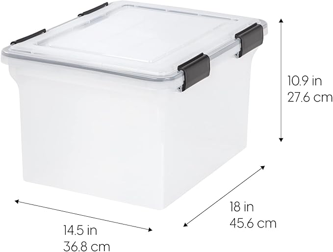 IRIS USA File Box WeatherPro Organizer Plastic for Letter/Legal, Water Resistant Document, Durable Lid, Seal w/Secure Latching Buckles, Stackable, Nestable, Clear 32 Qt. 1 Pack