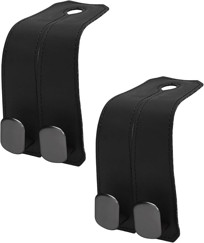 2 Pcs Car Hooks for Headrest, Adjustable Vehicle Seat Back Car Organizers and Storage Accessories, Universal Fit Double Metal Leather Purse Holder for Car(Black)
