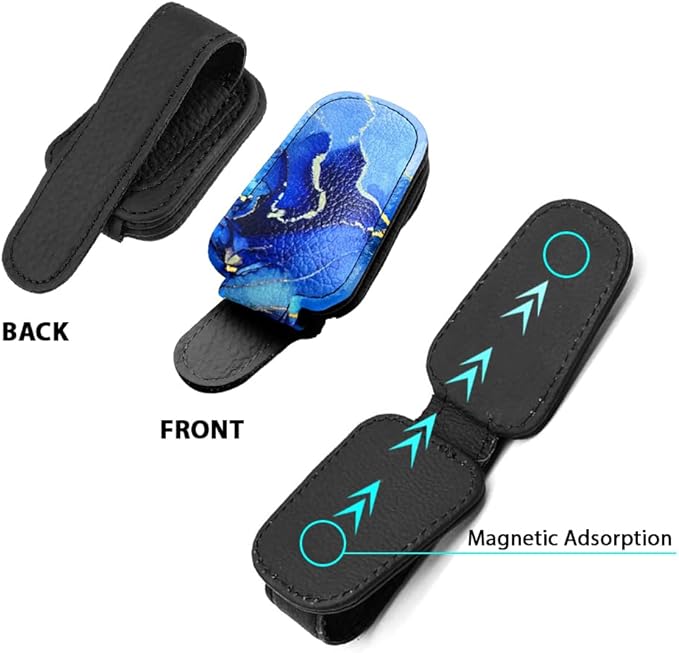 WIRESTER Sunglasses Holder Clip for Car Sun Visor, Leather Glasses Eyeglass Hanger Clip, Car Visor Accessories - Marble Gold and Blue