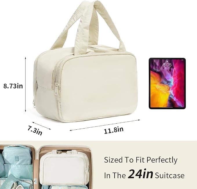 Puffer Travel Toiletry Bag – Large Capacity 11.8”L Makeup Organizer, 4 Compartments, Waterproof Wet/Dry Separation, Ultra-Light Taslan Fabric – Ideal for Business Trips, Gym, Family Vacation, Camping
