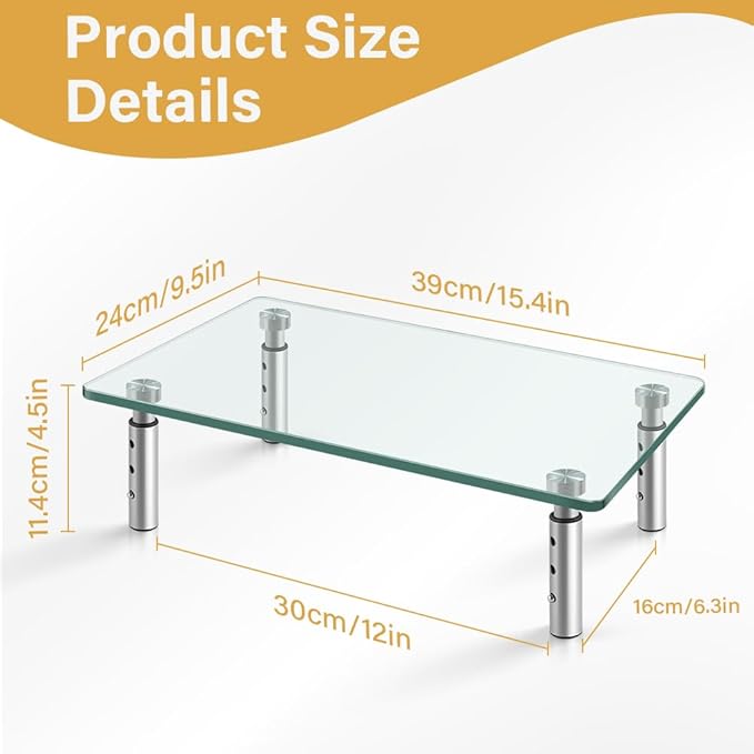 WKWKER Clear Glass Desk Stand 2 Pack Computer Monitor Riser with Height Adjustable Multi Media Monitor Stand Desktop Flat for Laptop TV Computer