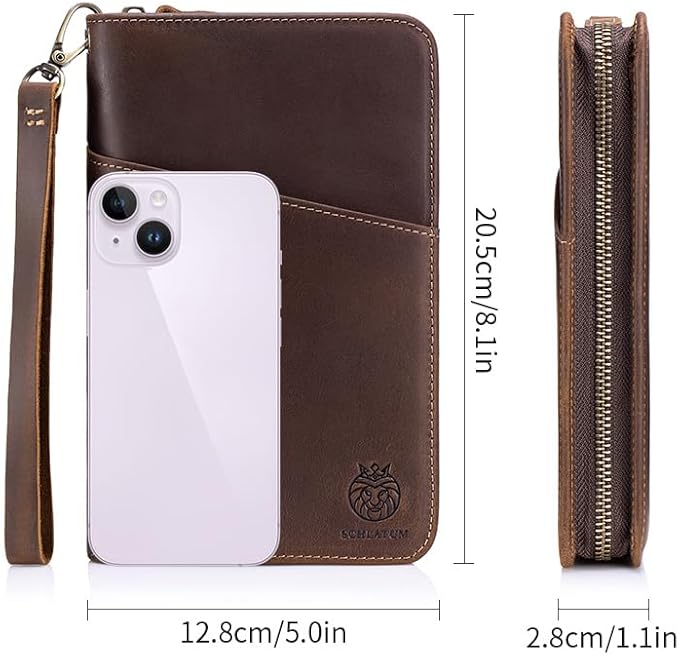 Leather Family Passport Holder RFID Blocking Vintage Zipper Large Capacity Travel Wallet with 6 Passport Slots & Wristlet