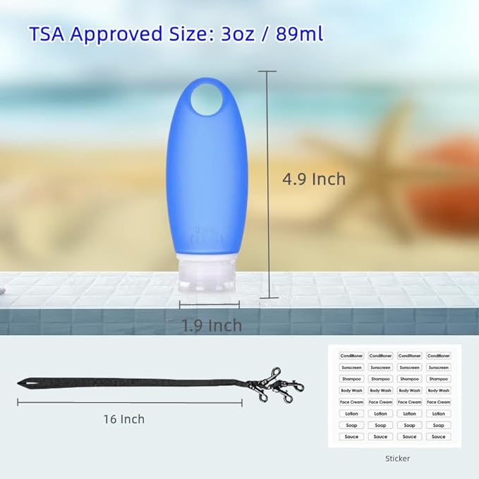 Refillable Bottles Leak Proof Camping Travel Containers with Shower Lanyard,3oz TSA Approved Squeezable Silicone Travel Tube Set for Gym Shampoo Lotion Soap
