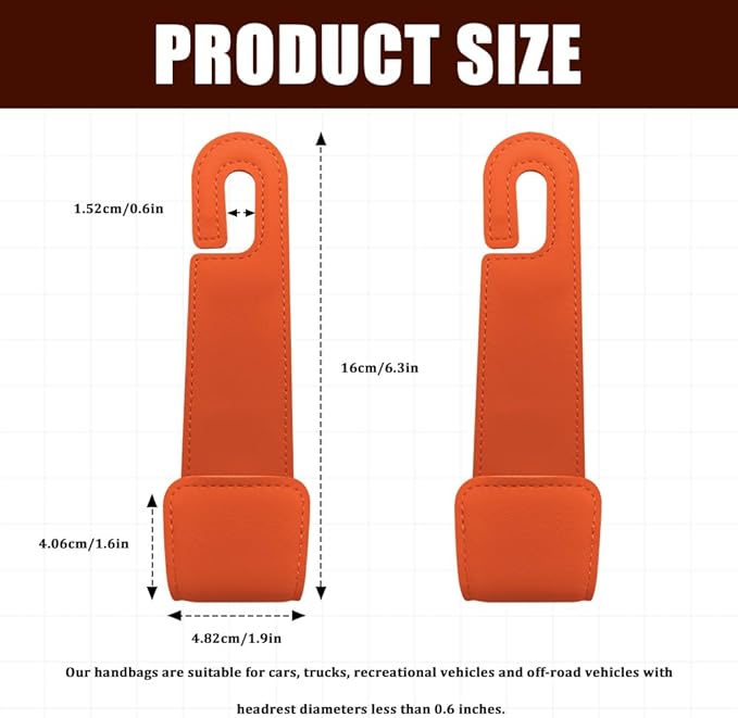 2PCS Car Seat Headrest Hooks, Purse Hook for Car, Automotive Headrest Handbags Holder, Auto Accessories Leather Seatback Organizer Hanger for Hanging Purses Bags Coats (Orange, 1PCS)