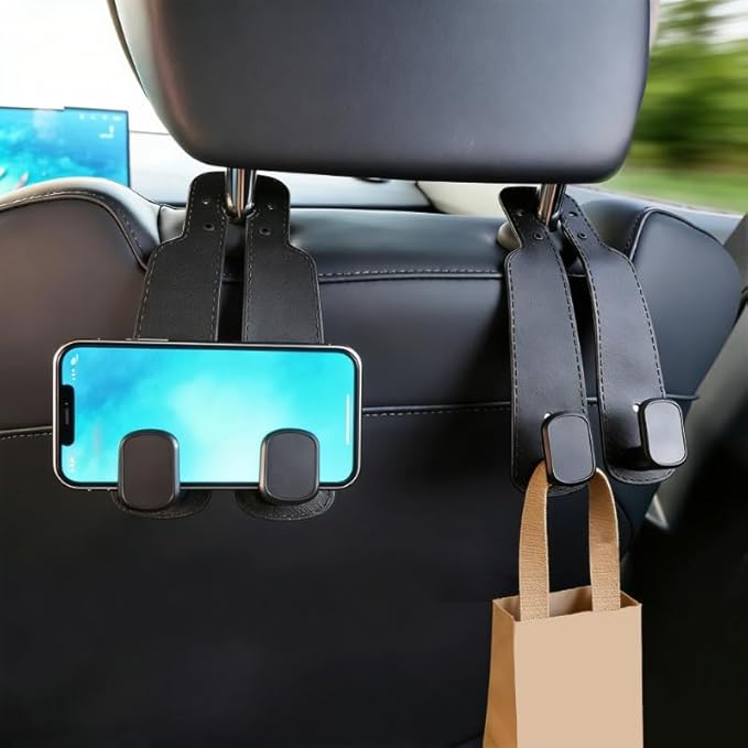 Chikoni Headrest Hooks for Car, 2 Pack Twin Hook Leather Car Seat Headrest Hangers, Luxurious Heavy-Duty 100% Metal Purse & Bag Holder, Seat Back Storage Organizer for Travel, Black