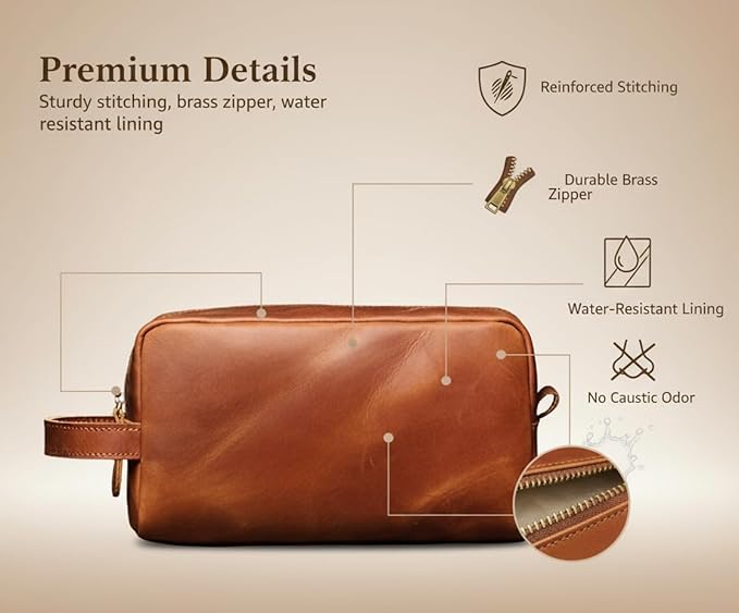 The Tannery Genuine Leather Toiletry Bag For Men & Women, Lightweight Pouch For Unisex, Durable Makeup Kit Bag, Best Gift For Father's Day, Stylish Travel Organizer, Thanks Giving (Tan Brown)