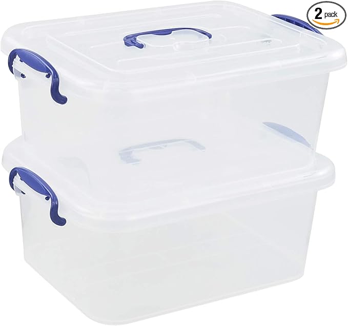 2 Packs 8 Quart Plastic Stackable Storage Boxes with Transparent Lid and Deep Blue Handle