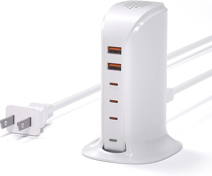 Charging Station for Multiple Devices: 5 USB Ports Wall Charger Block with Extension Cord, PD 20W Fast Charging Hub Charger Tower for iPhone iPad Tablets Smartphones, Home Office Use (White)