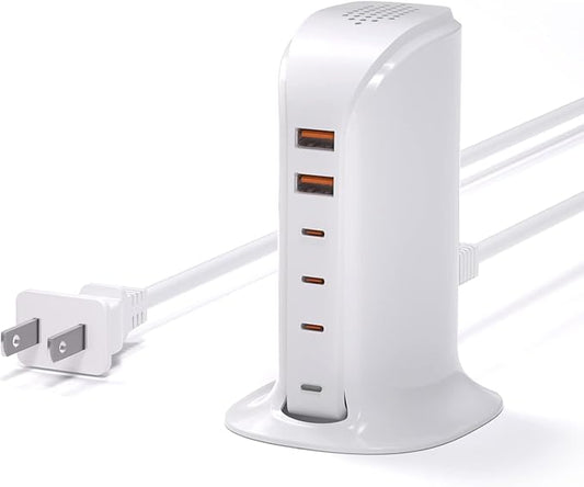 Charging Station for Multiple Devices: 5 USB Ports Wall Charger Block with Extension Cord, PD 20W Fast Charging Hub Charger Tower for iPhone iPad Tablets Smartphones, Home Office Use (White)