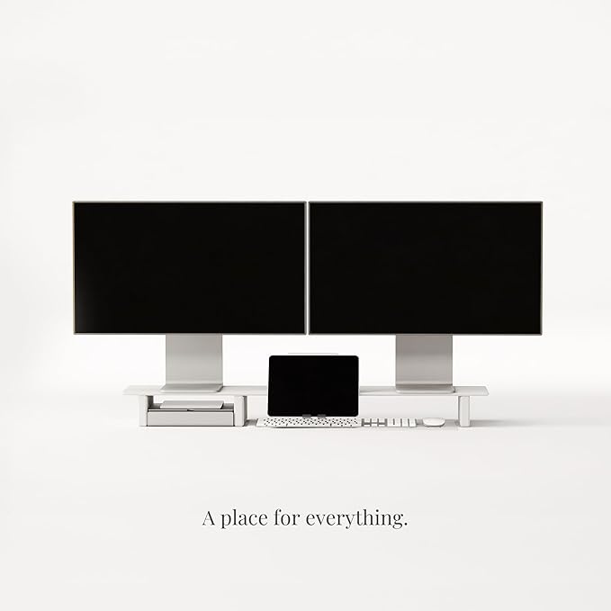 Raico Desk Cockpit Shelf Monitor Stand System Dual Screen Setup Wood Large Desk Accessory Organizer Unit (Matte White, Full Length v2 | 45.7 Inches)