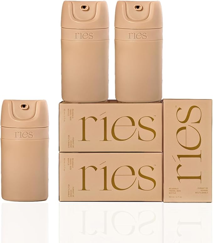 RIES Starter Set Toiletry Travel Bottles – Set of 3 (1.7oz) Airless Pump Containers for Shampoo, Conditioner, Body, Face – Leak-Proof, TSA-Approved, Dishwasher Safe- (Outlier Sand)