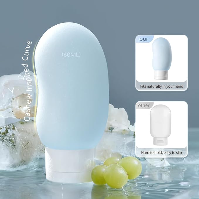 Travel Bottles 4 Pack – 2oz TSA Approved Travel Size Containers, Kidney-Shaped Ergonomic Design with Leak-Proof, Refillable Shampoo & Conditioner Bottles for Cruise & Airplane Travel