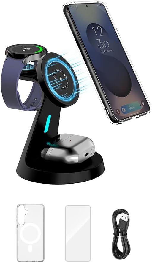 for Samsung Galaxy S25+ Dedicated Magnetic Charging Kit，3 in 1 Charging Station Compatible with MagSafe Samsung Charger for Watch Charger Stand for Galaxy Watch Ultra 8 7, for Buds