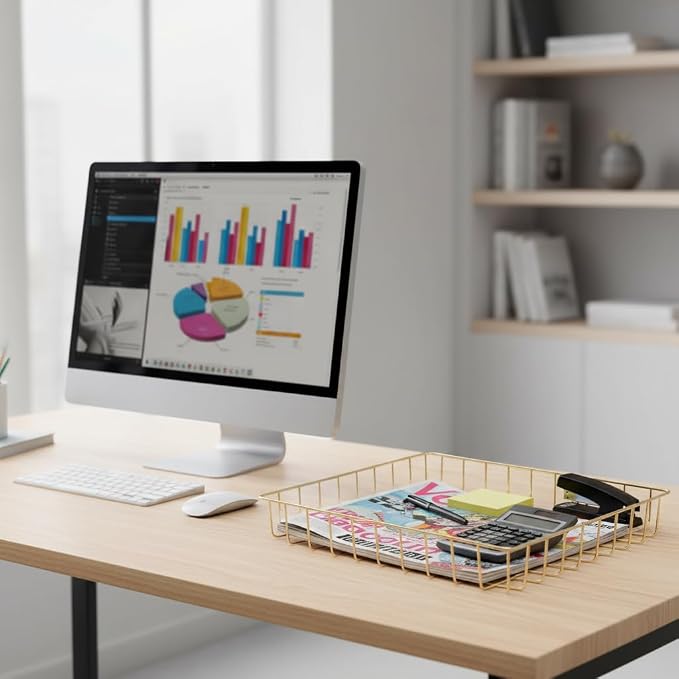 Paper Organizer for Desk Metal Paper Tray Large Capacity Letter Tray File Holder Mail Inbox Storage Organizer Basket for Office Classroom Desktop,12.5" x 9.4" x 1.9",Gold