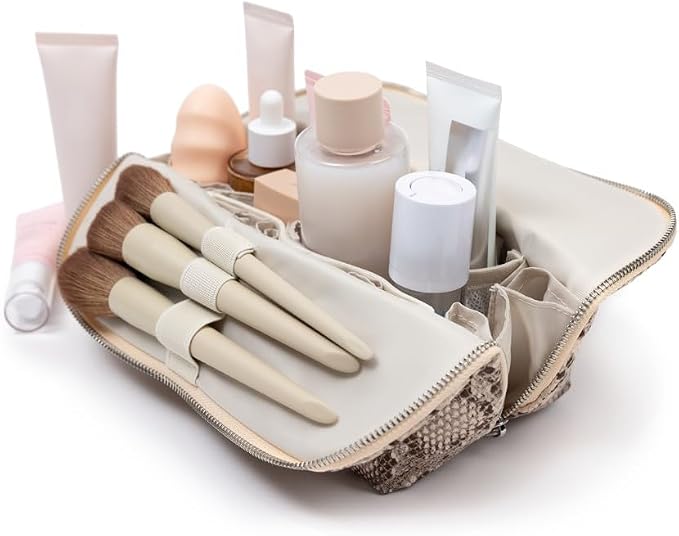 THE VERTI-Vertical Waterproof Makeup & Toiletry Bag | 23-Pocket Organizer with Upright, Fold-Down Design for Skincare, Toiletries & Essentials (Snake, Medium)