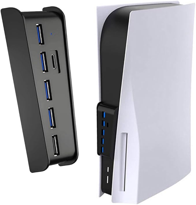 USB Port Hub for PS5, 5 Port USB Extender High-Speed Transmission Expansion Adapter Converter Splitter with 4 USB 2.0 Port+1 USB Charging Port+1 Type C 3.1 Port for PlayStation 5 Gaming Console-Black