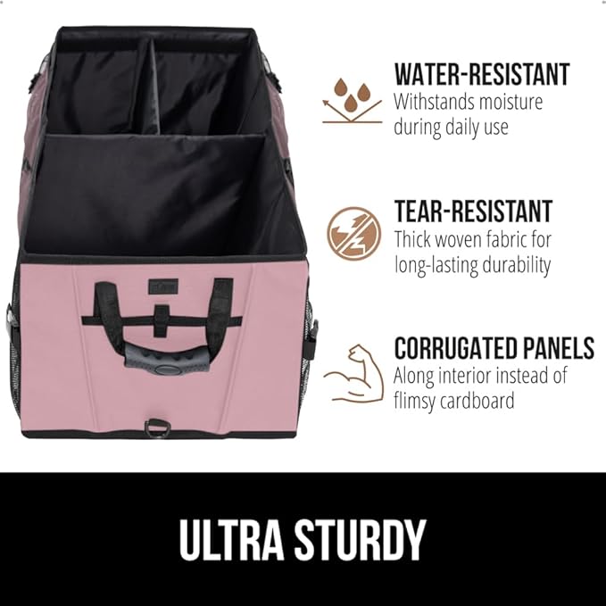 GORILLA GRIP Large Capacity Sturdy Trunk Storage Organizer, Slip and Water Resistant Collapsible Organization Container for Car Sedan or SUV, Multi Compartment Box Vehicle Accessories, Pink